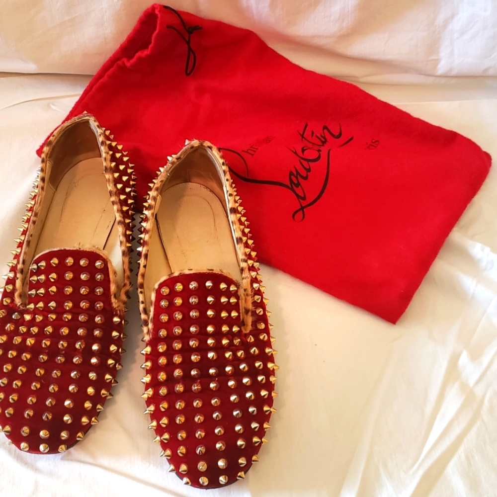 Christian Louboutin ROLLING SPIKES FLAT VELVET PONY JUNGLE Loafer size 40